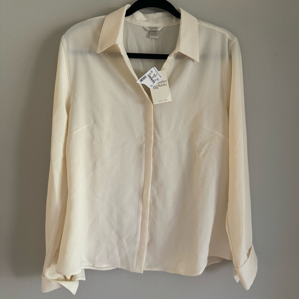 NWT Christopher & Banks Long Sleeve Button Down Ivory Cream Blouse Size L
